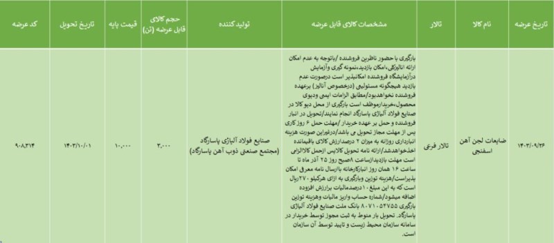 شرکت صنایع فولاد آلیاژی پاسارگاد، ۳ هزار تن ضایعات لجن آهن اسفنجی در بورس کالا عرضه می‌کند